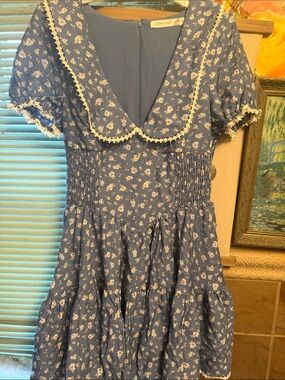 Altar'd State Blue Floral Mini Dress with Cream Trim